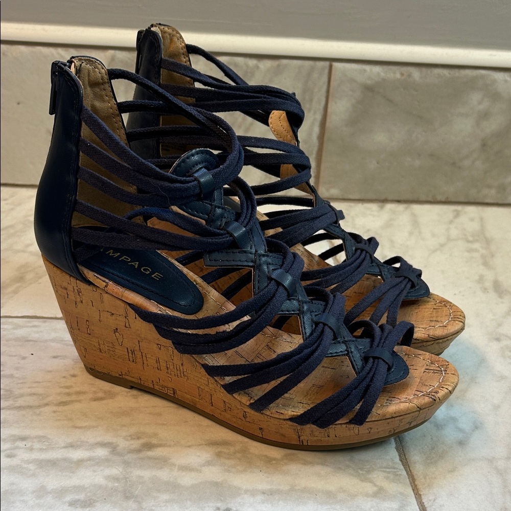 Rampage-Navy Strappy Cork Wedges